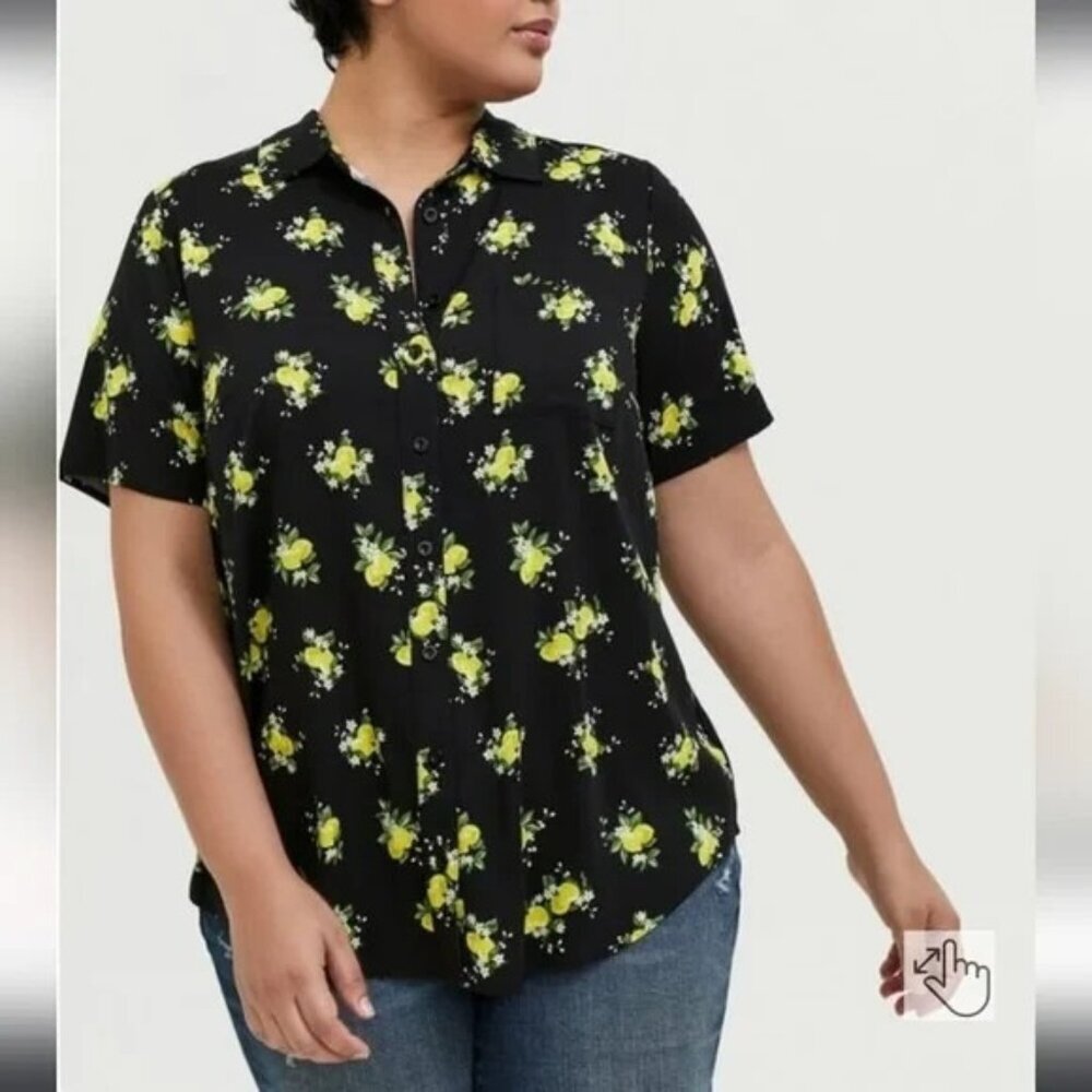 Torrid Floral Lemon Button-Down Shirt‎ Black Short Sleeve Collared Sz 0 (XL)